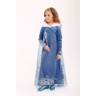 Velour Elsa dress with fur and a long train for girls 2-10 years old