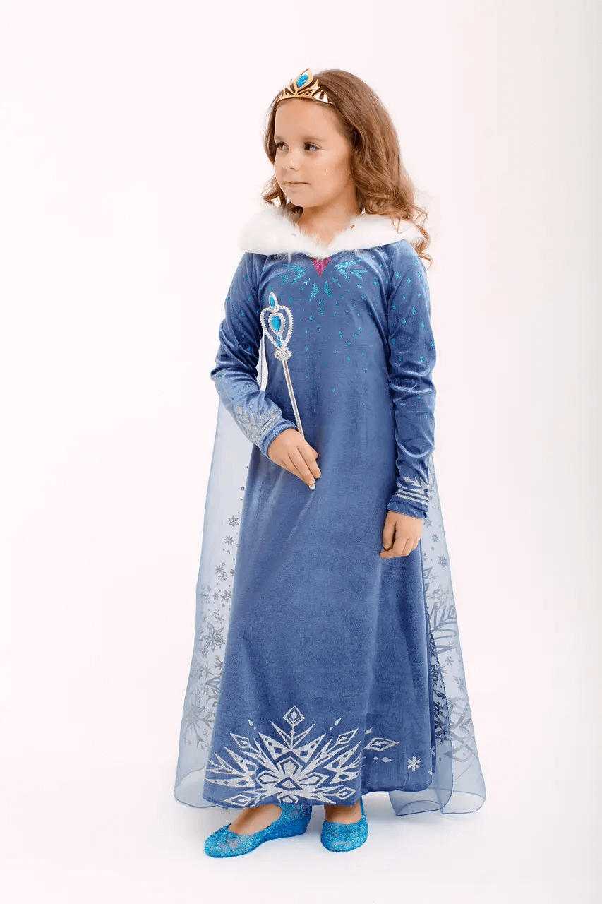 Velour Elsa dress with fur and a long train for girls 2-10 years old 1