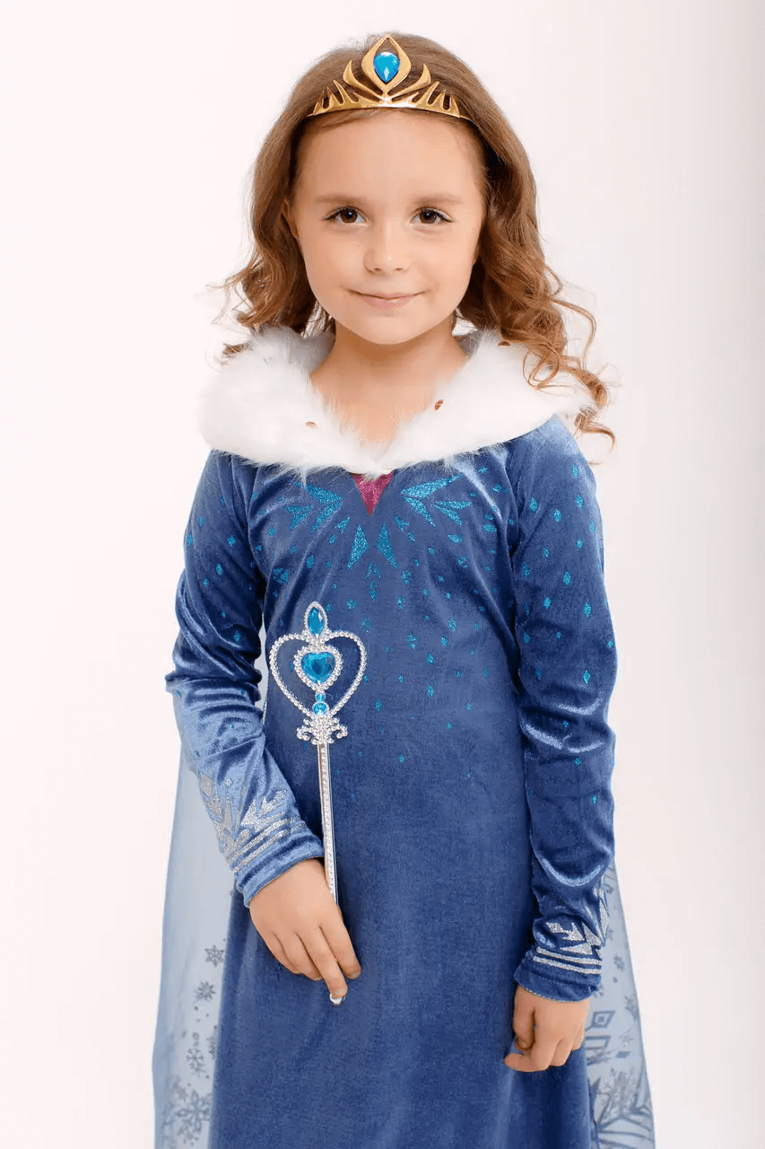 Velour Elsa dress with fur and a long train for girls 2-10 years old 4