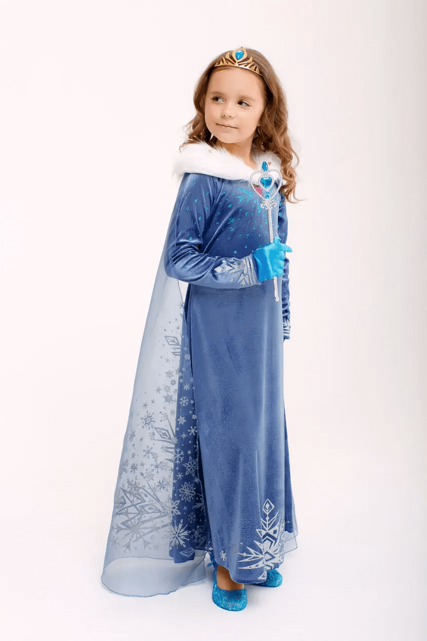 Velour Elsa dress with fur and a long train for girls 2-10 years old 6